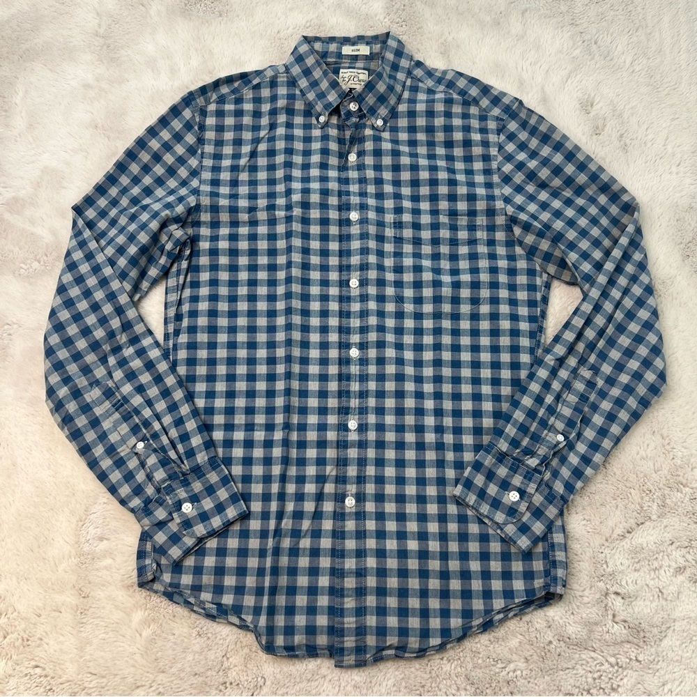 J Crew Shirt Slim Fit Plaid Checkered Mens S Button Down Grey Blue Long Sleeve
